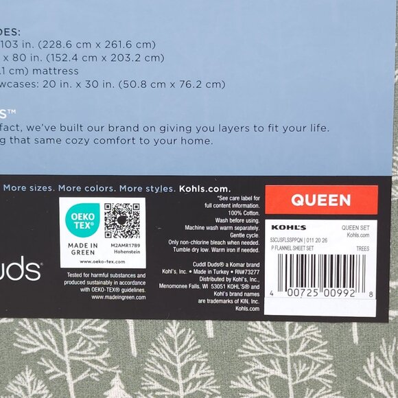 Cuddl Duds Queen Sheet Set Heavyweight Flannel Warm Brushed Cotton Green Trees - Picture 4 of 9